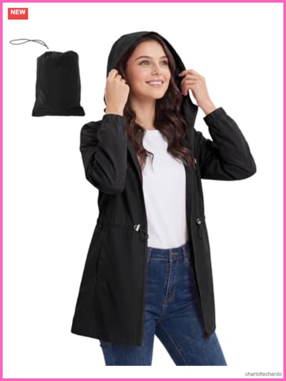 Packable Waterproof Rain Jacket Women Lightweight Hooded Long Trench Coat